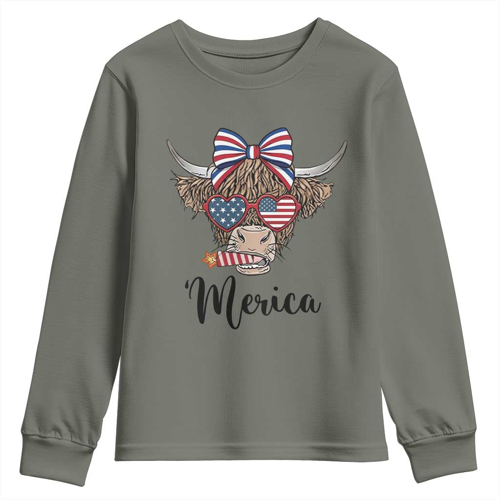 Patriotic Highland Cow Youth Sweatshirt Merica USA Flag Farmer Gift TS12 Military Green Print Your Wear