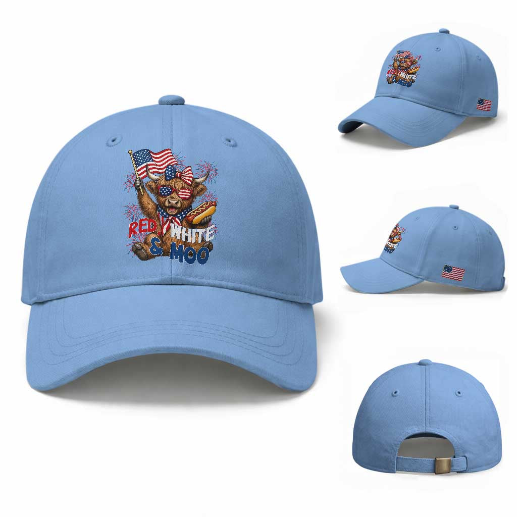 Striped Highland Cow 4th Of July Baseball Cap Red White And Moo TS12 Baseball Cap Universal Fit Light Blue Print Your Wear