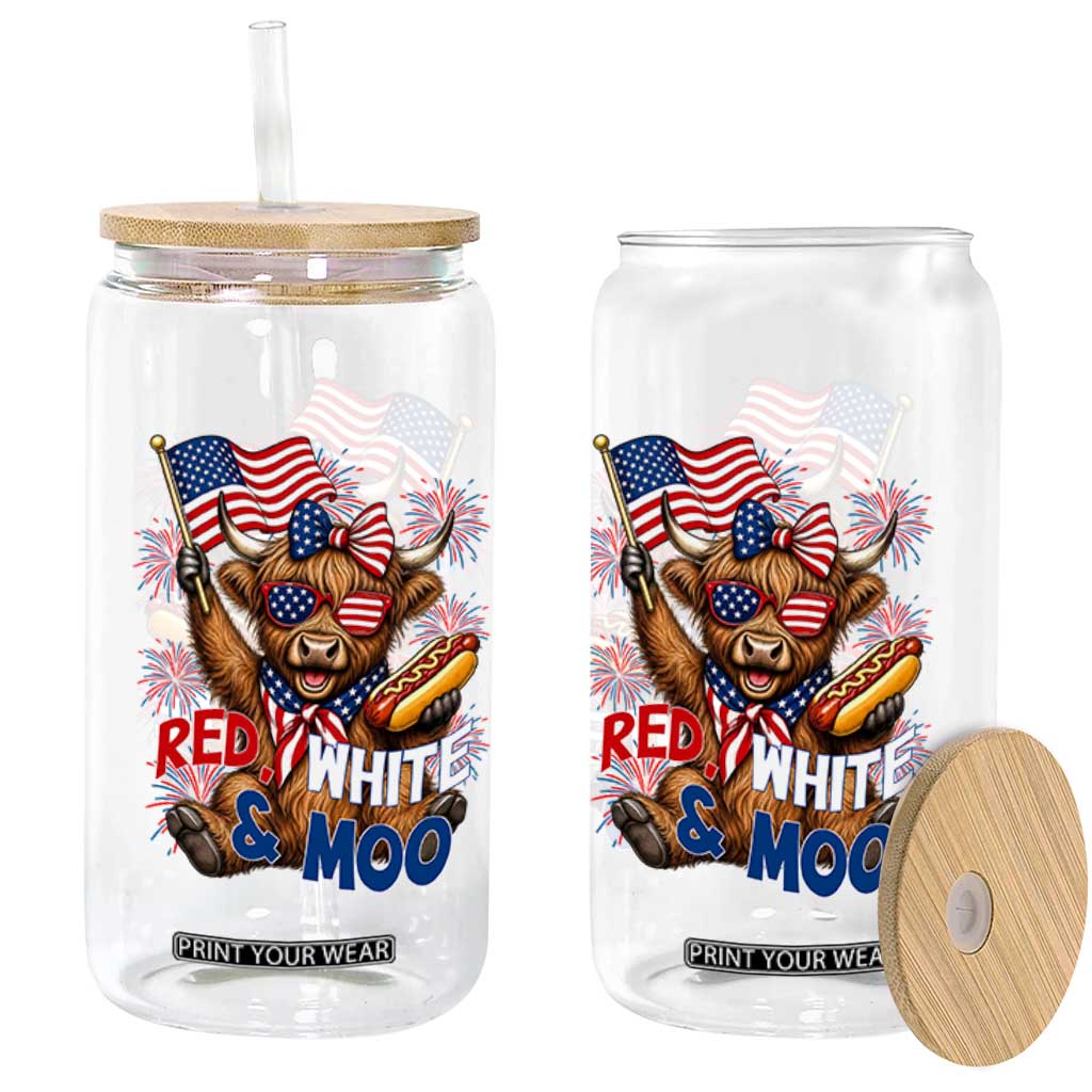 Striped Highland Cow 4th Of July Glass Can Red White And Moo