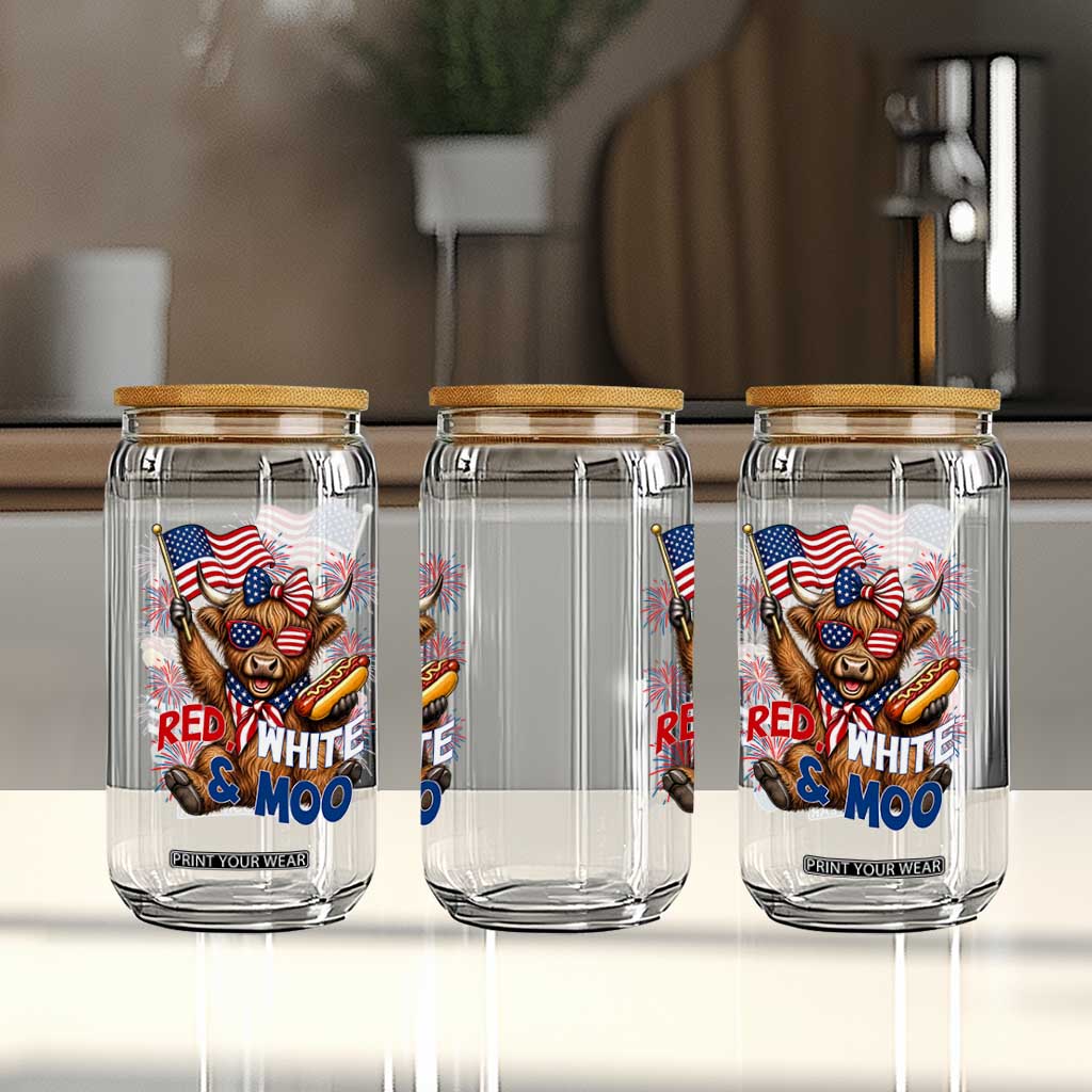 Striped Highland Cow 4th Of July Glass Can Red White And Moo