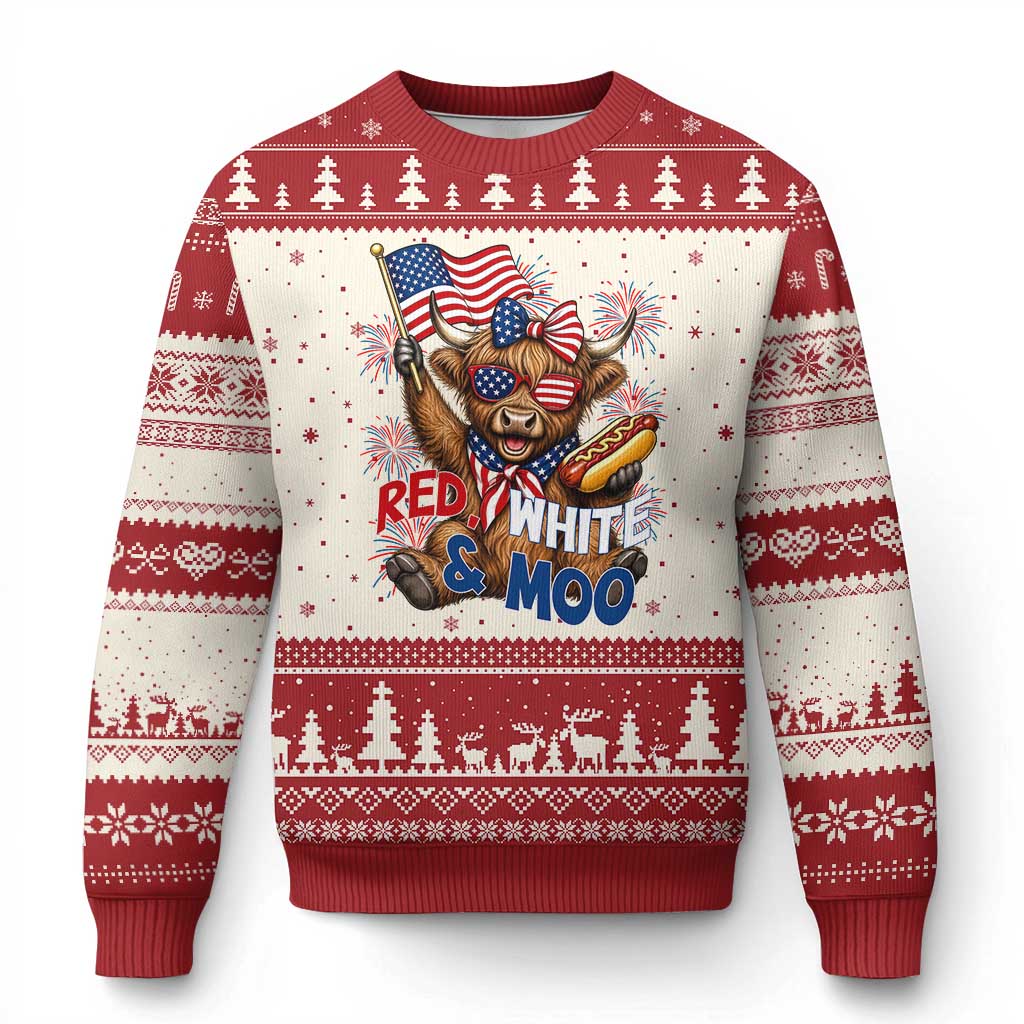 Striped Highland Cow 4th Of July Ugly Christmas Sweater Red White And Moo TS12 Beige Red Print Your Wear