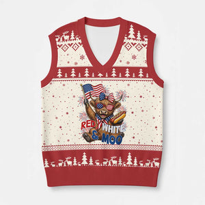 Striped Highland Cow 4th Of July V-Neck Knit Sweater Vest Red White And Moo