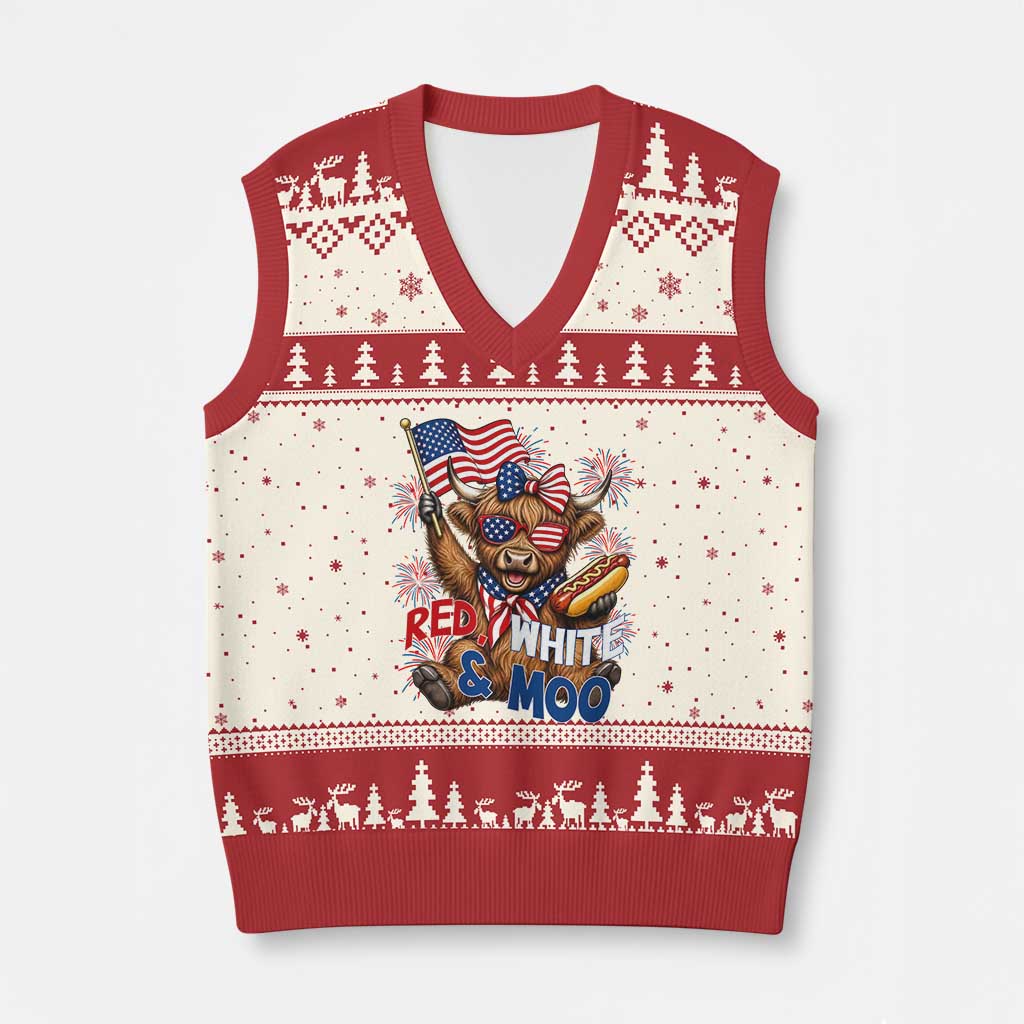 Striped Highland Cow 4th Of July V-Neck Knit Sweater Vest Red White And Moo TS12 Beige Red Print Your Wear