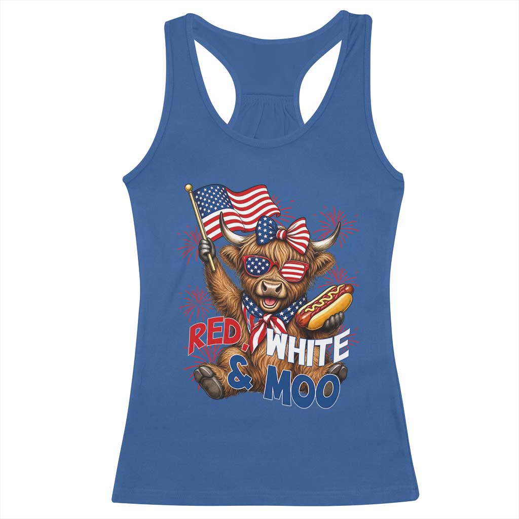 Striped Highland Cow 4th Of July Racerback Tank Top Red White And Moo