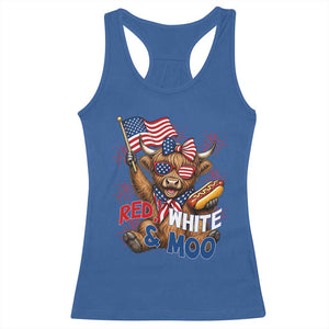 Striped Highland Cow 4th Of July Racerback Tank Top Red White And Moo