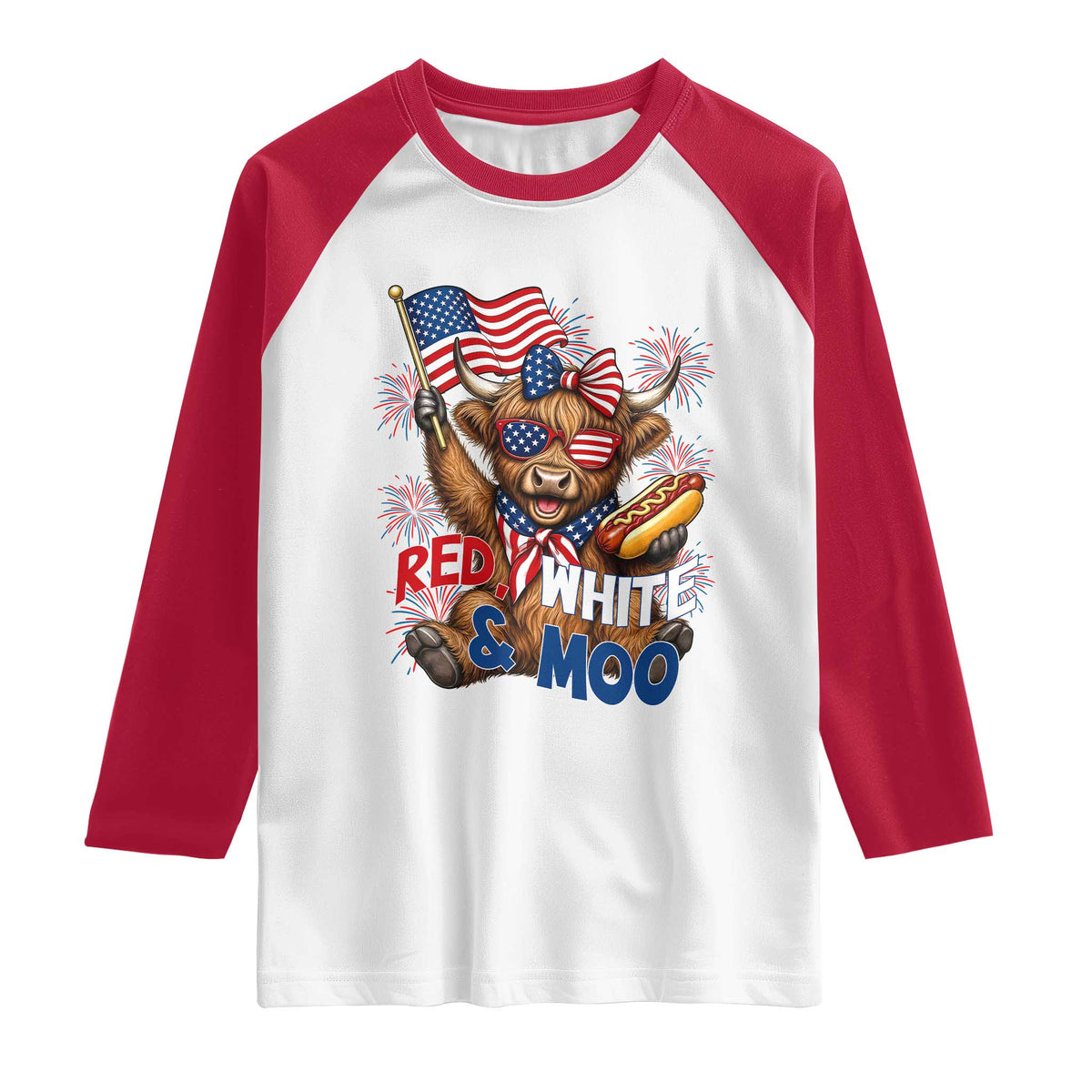 Striped Highland Cow 4th Of July Raglan Shirt Red White And Moo