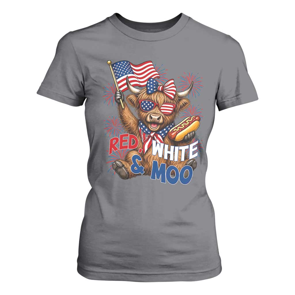 Striped Highland Cow 4th Of July T Shirt For Women Red White And Moo