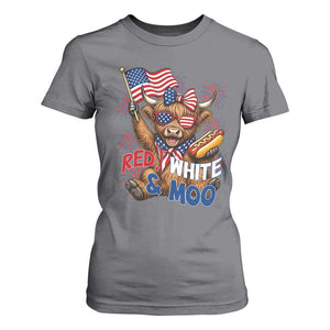 Striped Highland Cow 4th Of July T Shirt For Women Red White And Moo