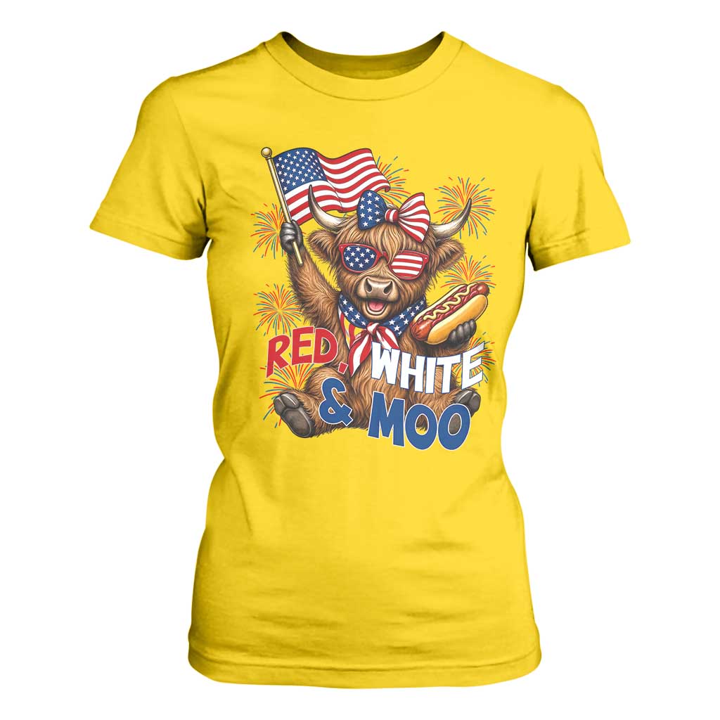 Striped Highland Cow 4th Of July T Shirt For Women Red White And Moo