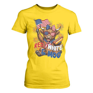 Striped Highland Cow 4th Of July T Shirt For Women Red White And Moo