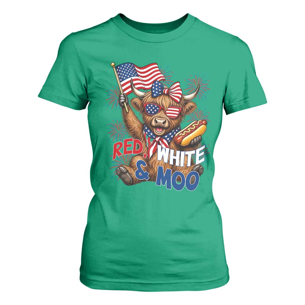 Striped Highland Cow 4th Of July T Shirt For Women Red White And Moo