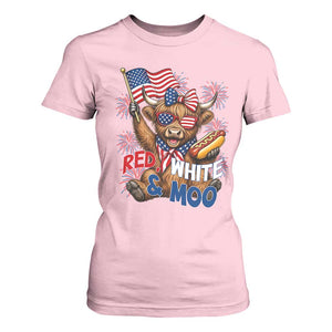 Striped Highland Cow 4th Of July T Shirt For Women Red White And Moo