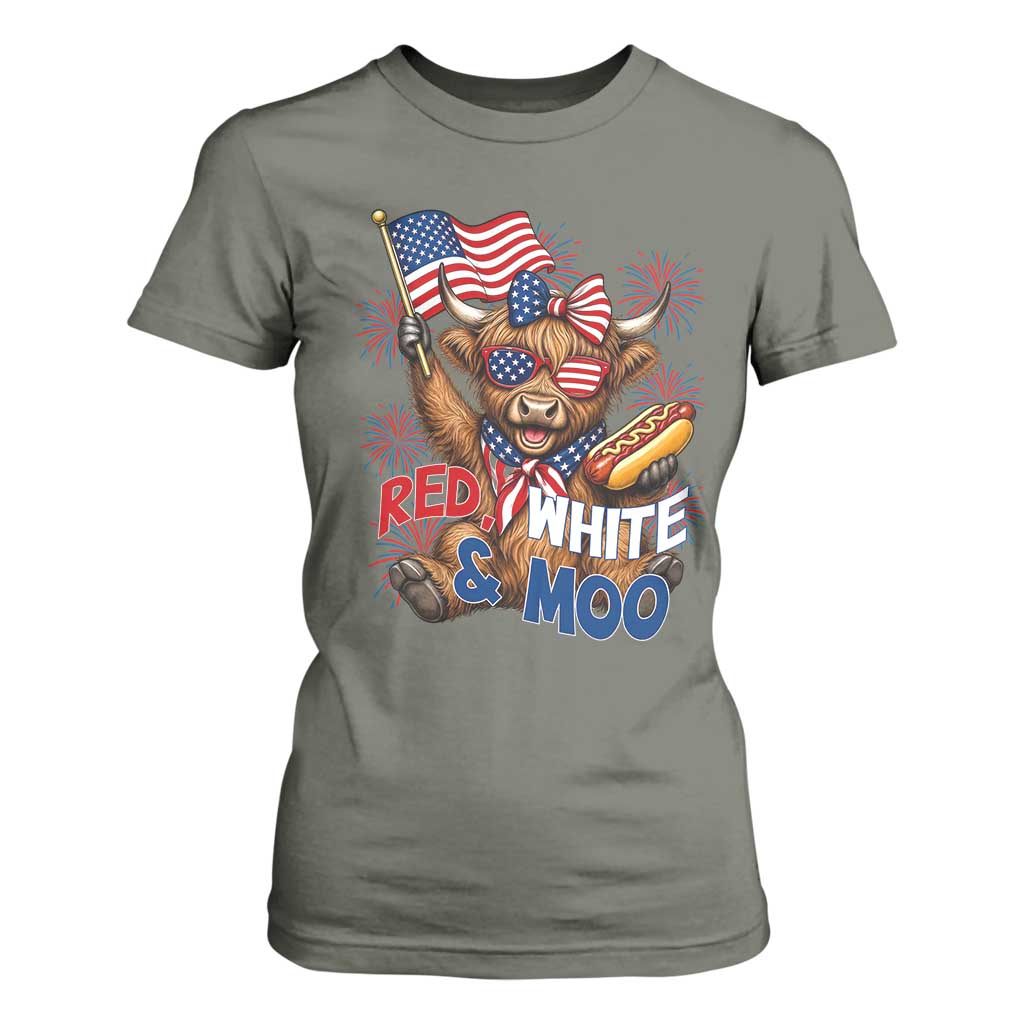 Striped Highland Cow 4th Of July T Shirt For Women Red White And Moo