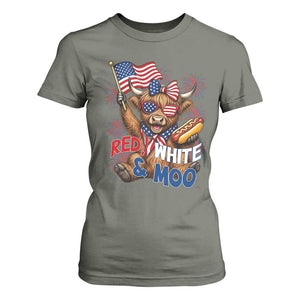 Striped Highland Cow 4th Of July T Shirt For Women Red White And Moo