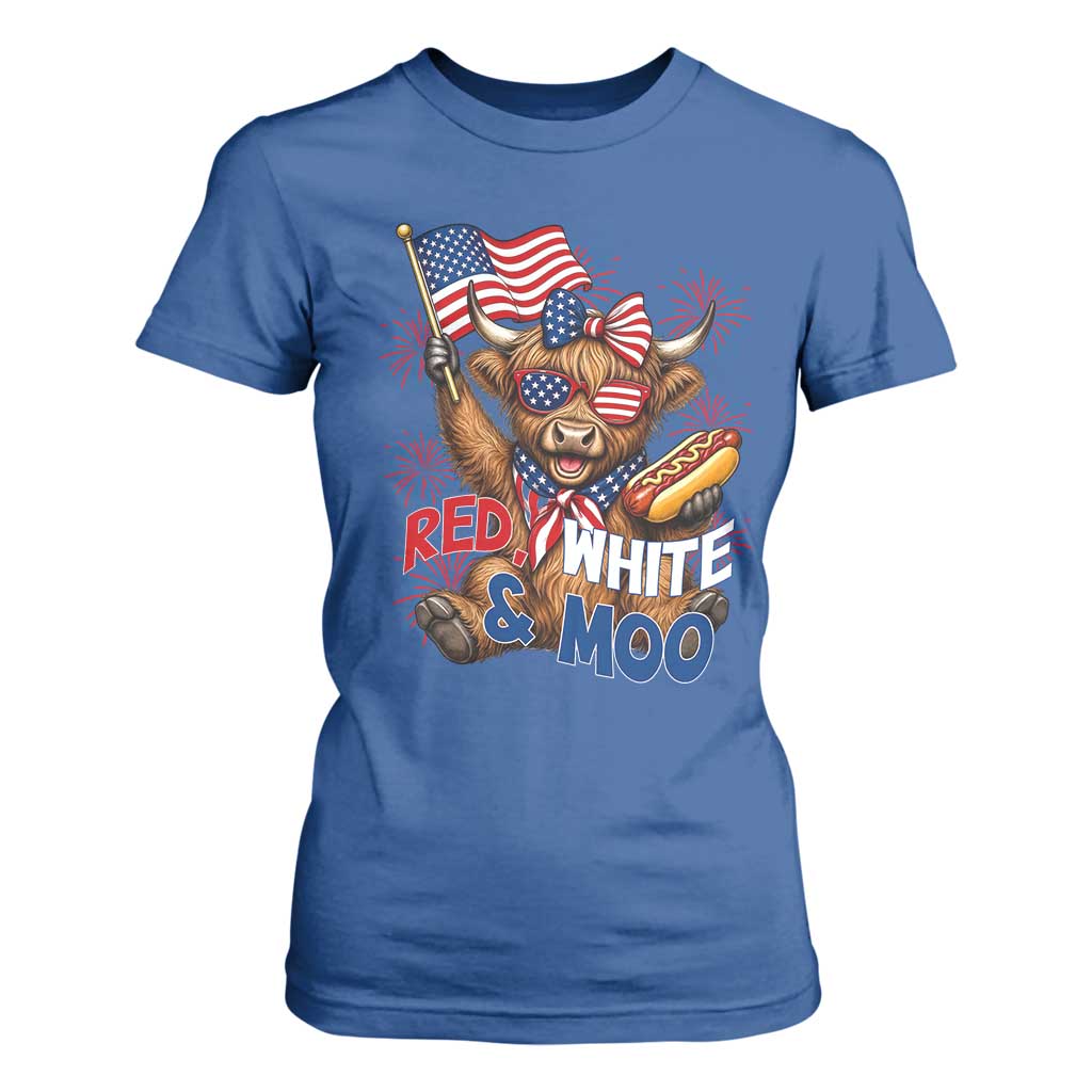 Striped Highland Cow 4th Of July T Shirt For Women Red White And Moo