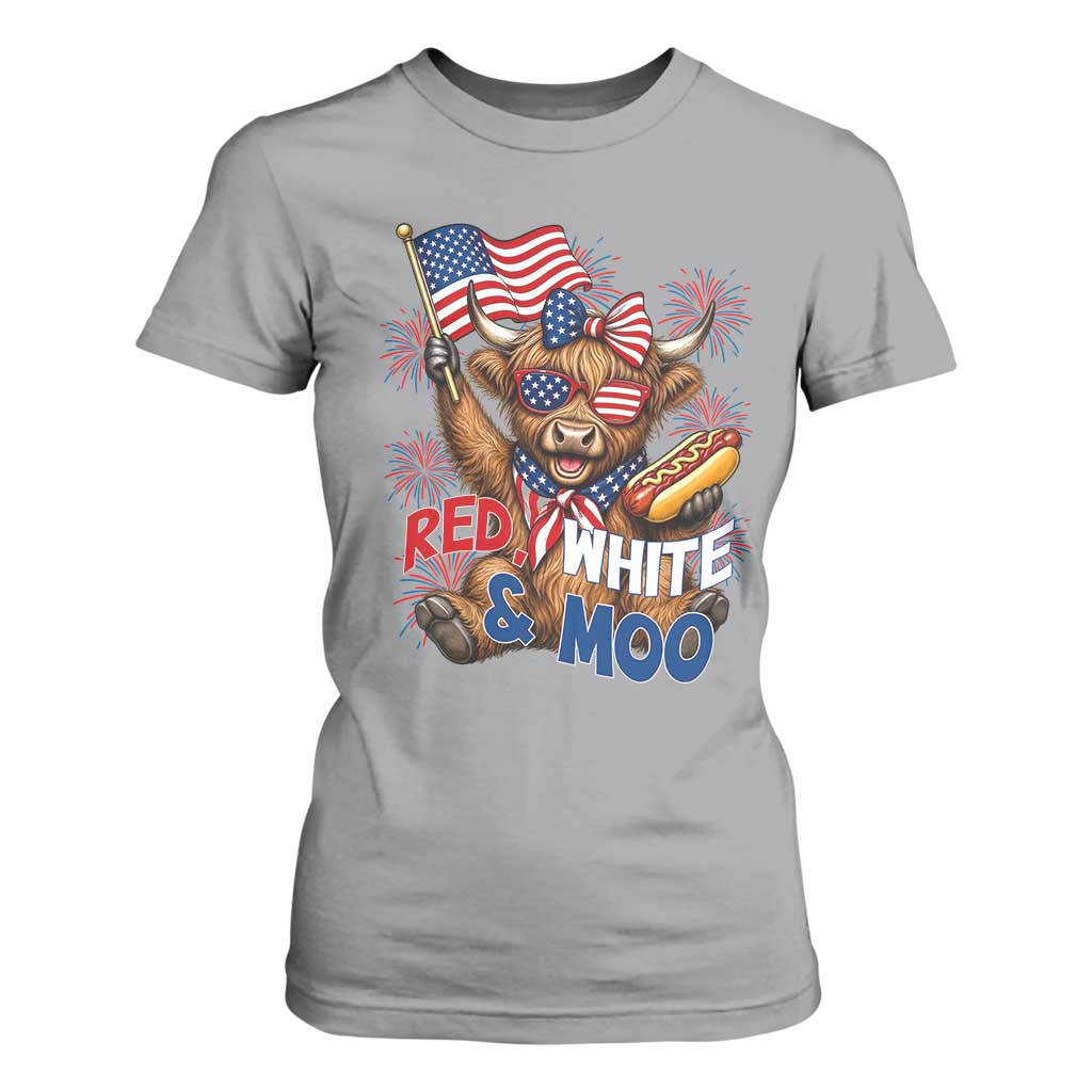 Striped Highland Cow 4th Of July T Shirt For Women Red White And Moo