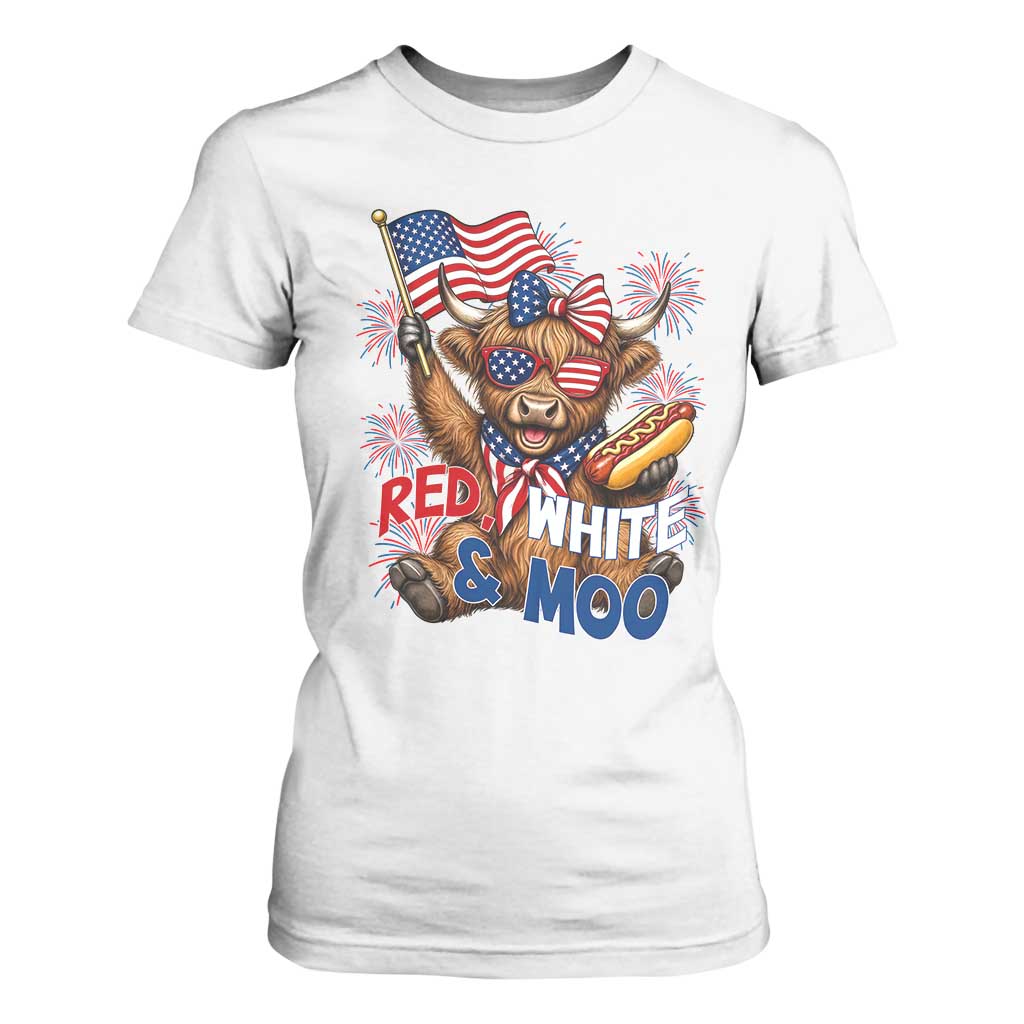 Striped Highland Cow 4th Of July T Shirt For Women Red White And Moo