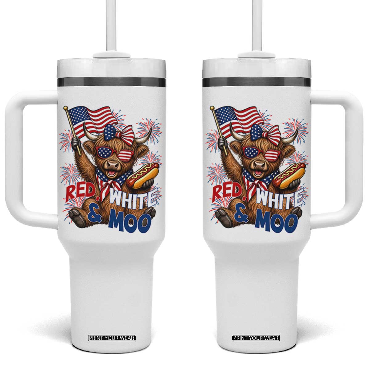 Striped Highland Cow 4th Of July Tumbler With Handle Red White And Moo