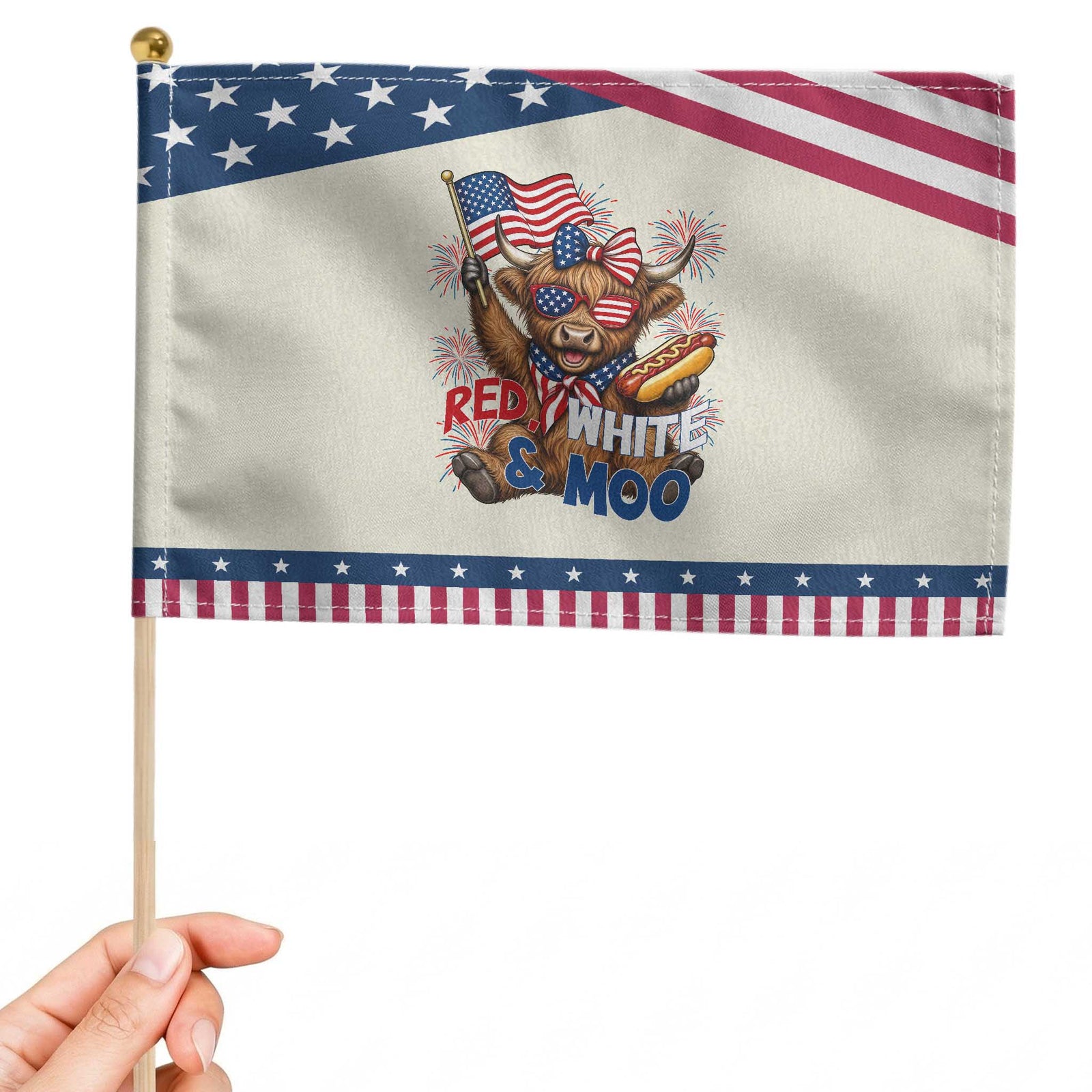 Striped Highland Cow 4th Of July Patriotic Handheld Flag Red White And Moo TS12 Modern 8.2