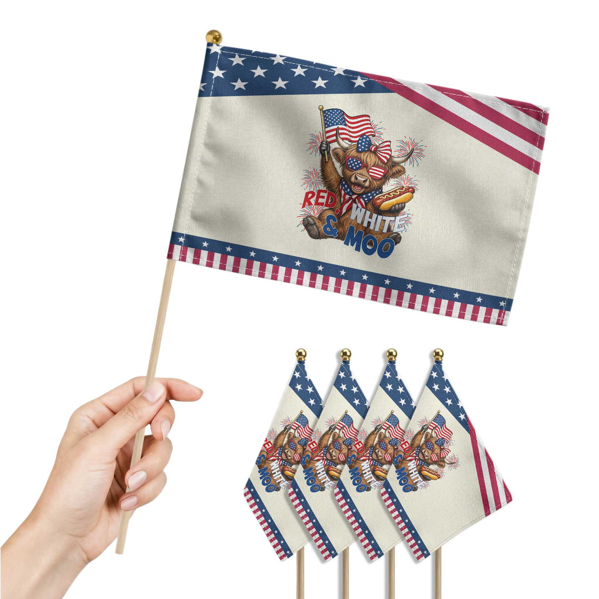 Striped Highland Cow 4th Of July Patriotic Handheld Flag Red White And Moo
