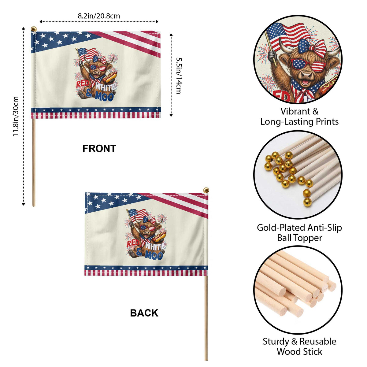 Striped Highland Cow 4th Of July Patriotic Handheld Flag Red White And Moo