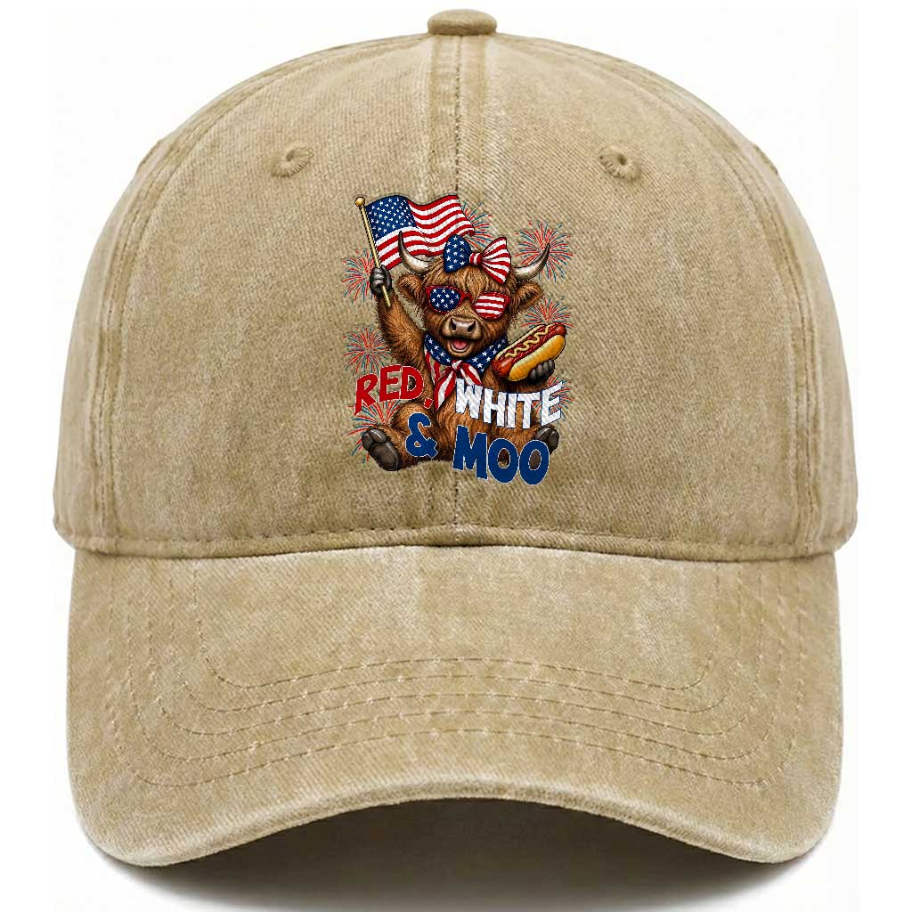 Striped Highland Cow 4th Of July Washed Cotton Baseball Cap Red White And Moo TS12 Print Your Wear