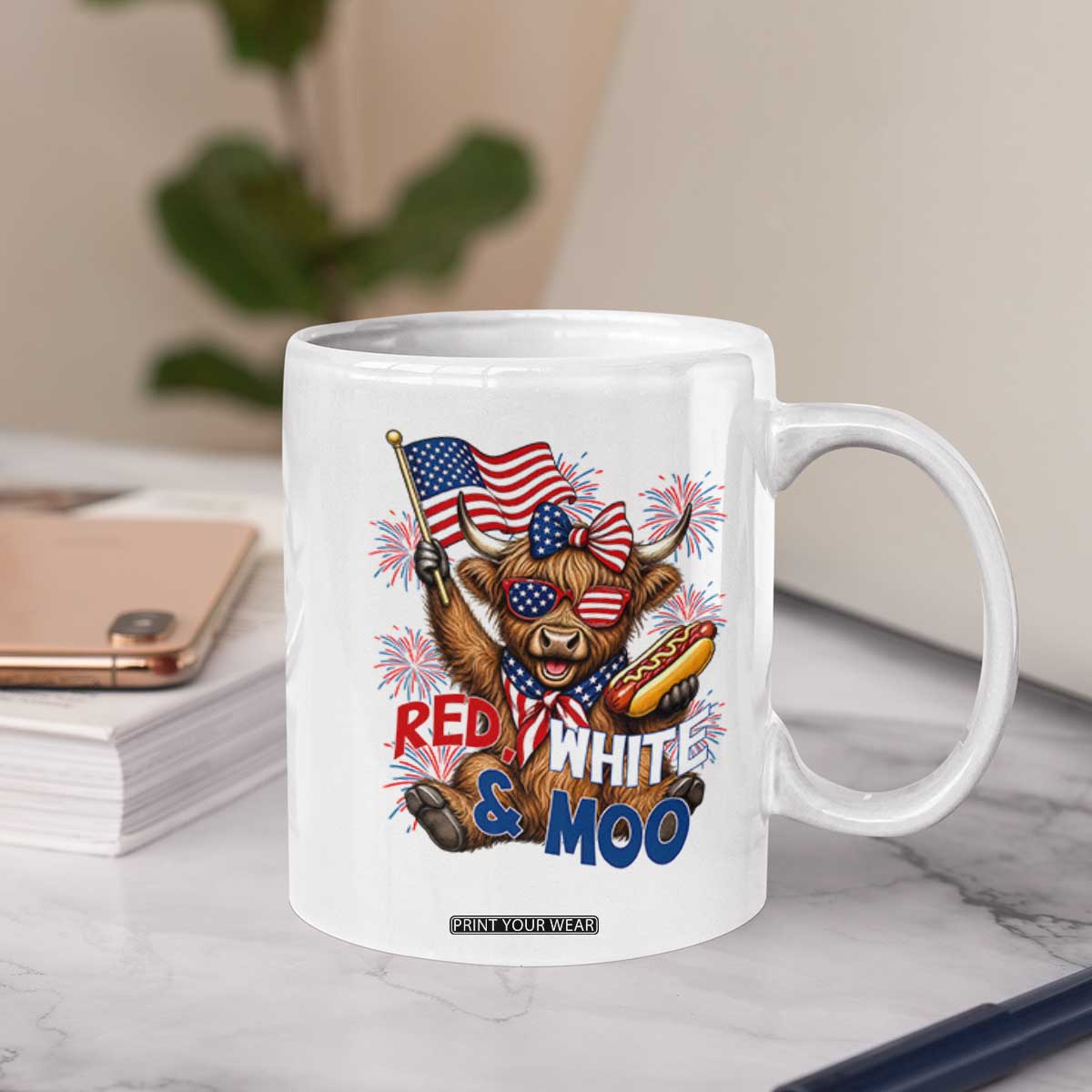 Striped Highland Cow 4th Of July Coffee Mug Red White And Moo
