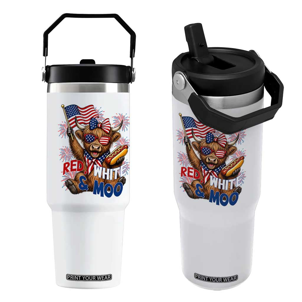 Striped Highland Cow 4th Of July Flip Straw Tumbler Red White And Moo