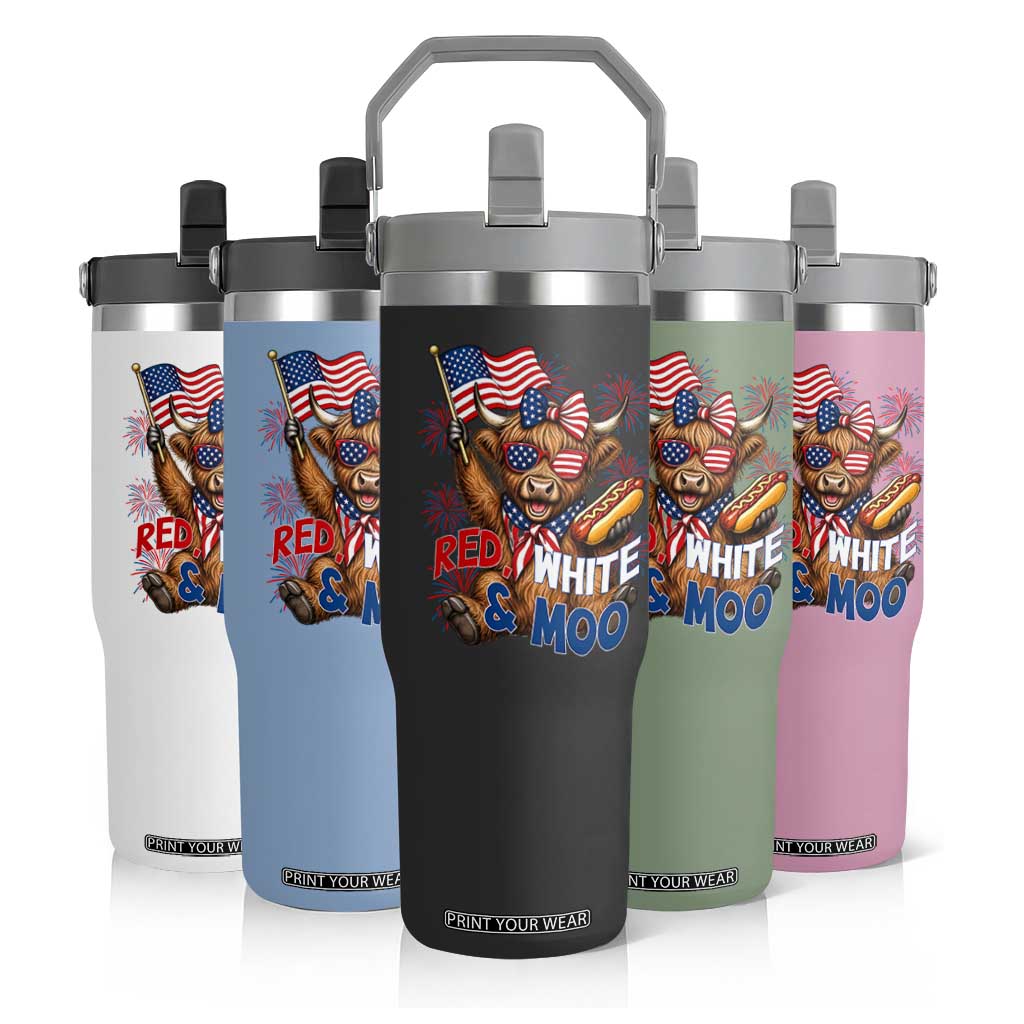 Striped Highland Cow 4th Of July Flip Straw Tumbler Red White And Moo