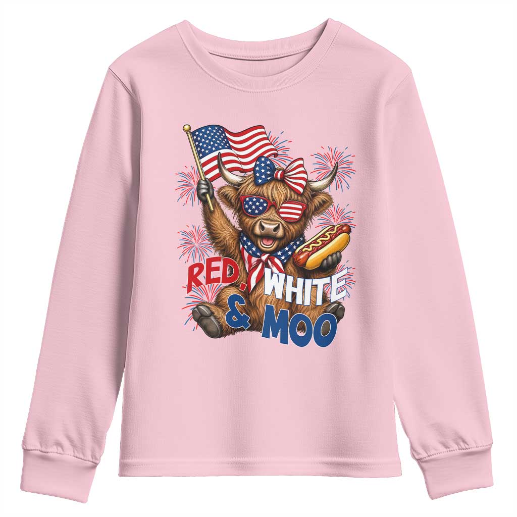 Striped Highland Cow 4th Of July Youth Sweatshirt Red White And Moo