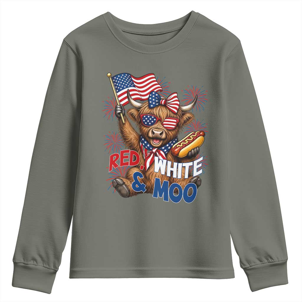 Striped Highland Cow 4th Of July Youth Sweatshirt Red White And Moo
