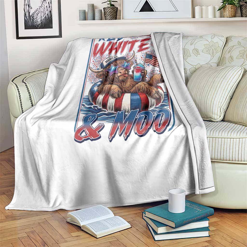 Funny Highland Cow Pool Party 4th Of July Throw Blanket Red White And Moo