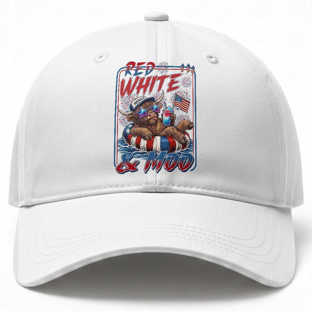 Funny Highland Cow Pool Party 4th Of July Baseball Cap Red White And Moo