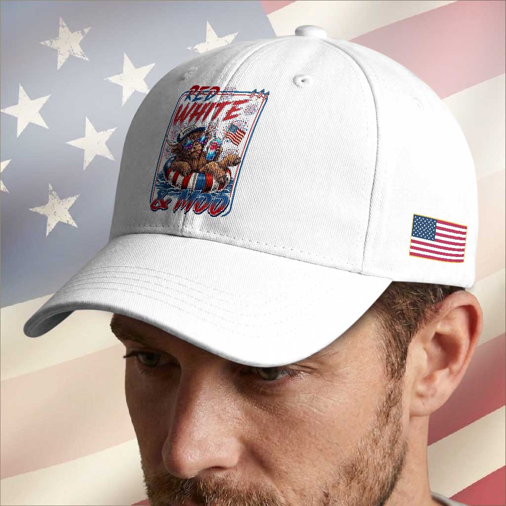Funny Highland Cow Pool Party 4th Of July Baseball Cap Red White And Moo