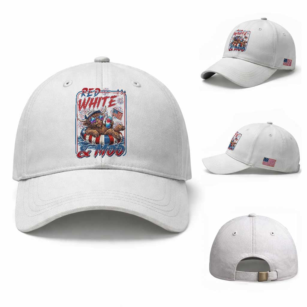 Funny Highland Cow Pool Party 4th Of July Baseball Cap Red White And Moo