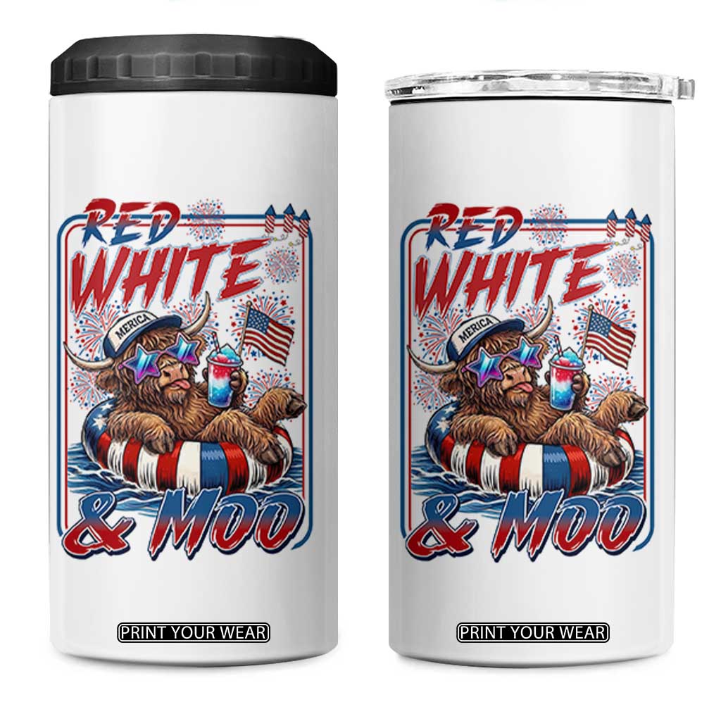 Funny Highland Cow Pool Party 4th Of July 4 in 1 Can Cooler Tumbler Red White And Moo