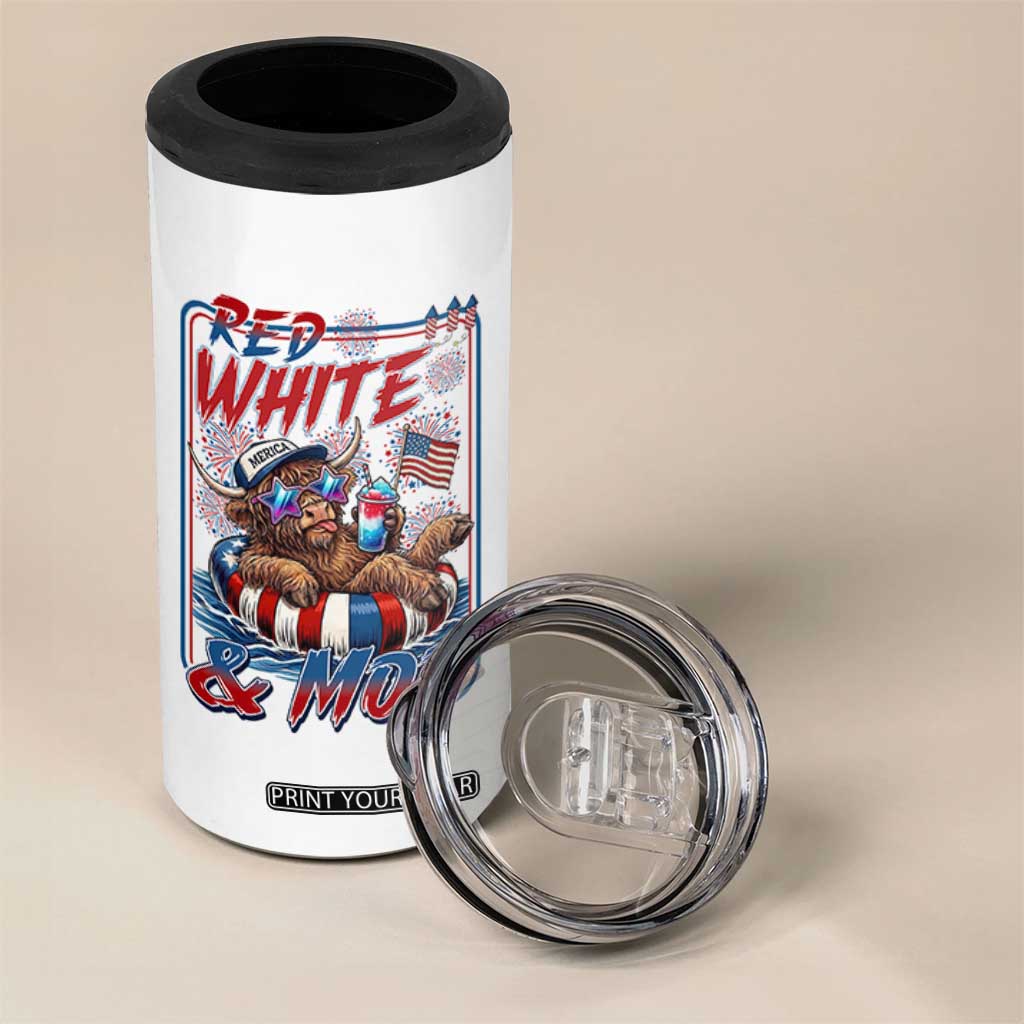 Funny Highland Cow Pool Party 4th Of July 4 in 1 Can Cooler Tumbler Red White And Moo