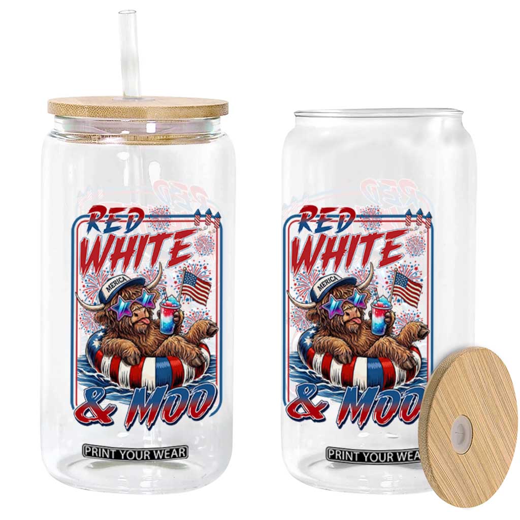 Funny Highland Cow Pool Party 4th Of July Glass Can Red White And Moo