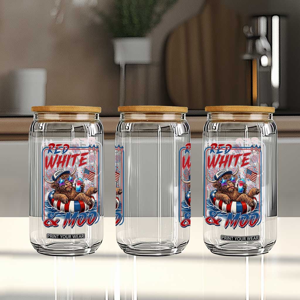 Funny Highland Cow Pool Party 4th Of July Glass Can Red White And Moo