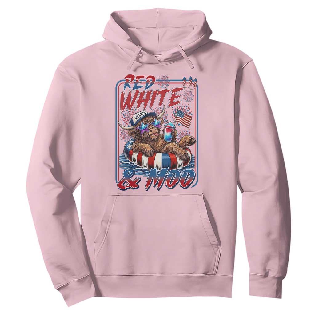 Funny Highland Cow Pool Party 4th Of July Hoodie Red White And Moo