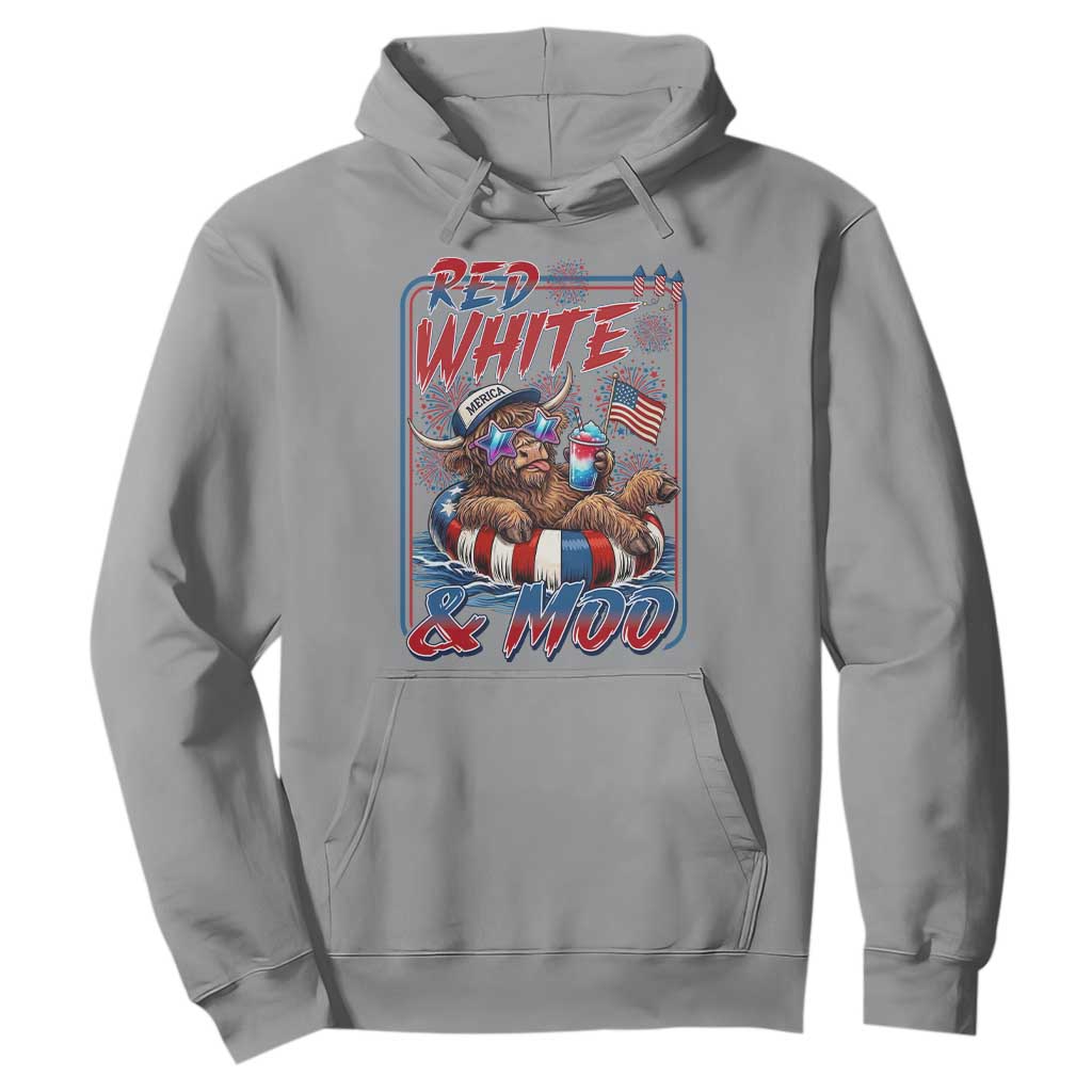 Funny Highland Cow Pool Party 4th Of July Hoodie Red White And Moo