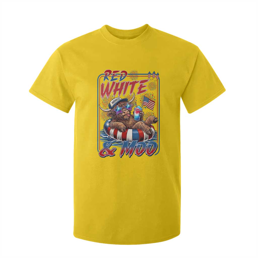 Funny Highland Cow Pool Party 4th Of July T Shirt For Kid Red White And Moo