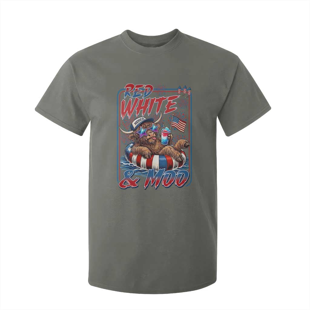 Funny Highland Cow Pool Party 4th Of July T Shirt For Kid Red White And Moo