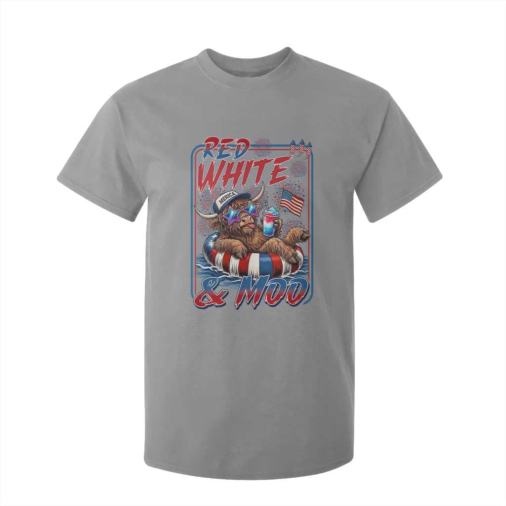 Funny Highland Cow Pool Party 4th Of July T Shirt For Kid Red White And Moo