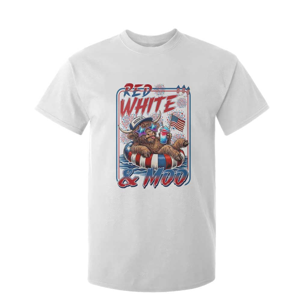 Funny Highland Cow Pool Party 4th Of July T Shirt For Kid Red White And Moo