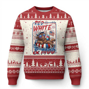 Funny Highland Cow Pool Party 4th Of July Ugly Christmas Sweater Red White And Moo