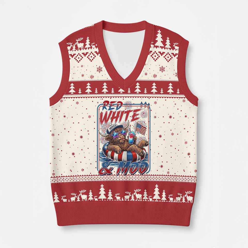 Funny Highland Cow Pool Party 4th Of July V-Neck Knit Sweater Vest Red White And Moo