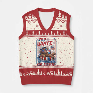 Funny Highland Cow Pool Party 4th Of July V-Neck Knit Sweater Vest Red White And Moo