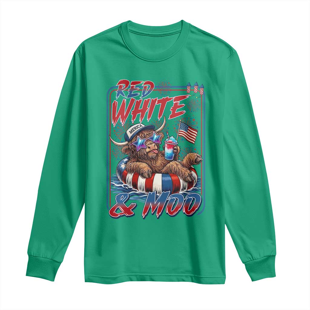 Funny Highland Cow Pool Party 4th Of July Long Sleeve Shirt Red White And Moo