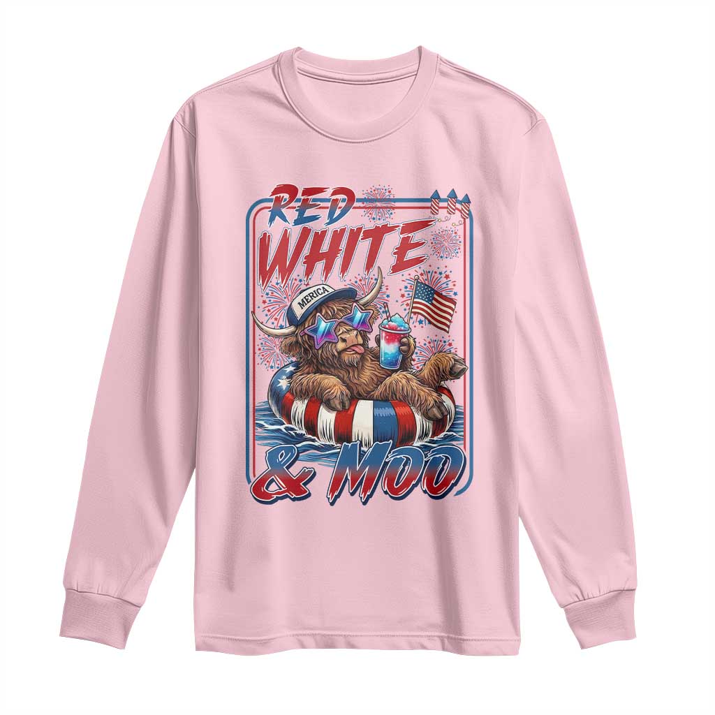 Funny Highland Cow Pool Party 4th Of July Long Sleeve Shirt Red White And Moo